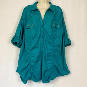 Lane Bryant Top Womens 26 28 Blue Studded Stretch Shirred Pockets Western Button